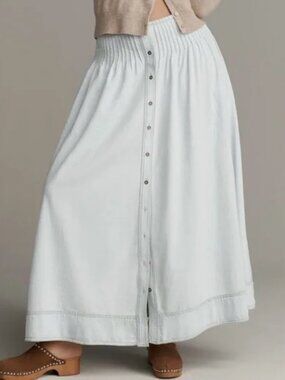 Anthropologie Pilcro Pintuck Basque-Waist Denim Maxi Skirt Large NWT